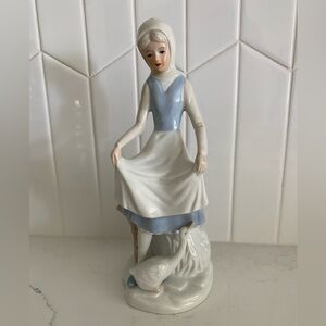 Lady With Goose Elegant Porcelain Figurine in Blue and White